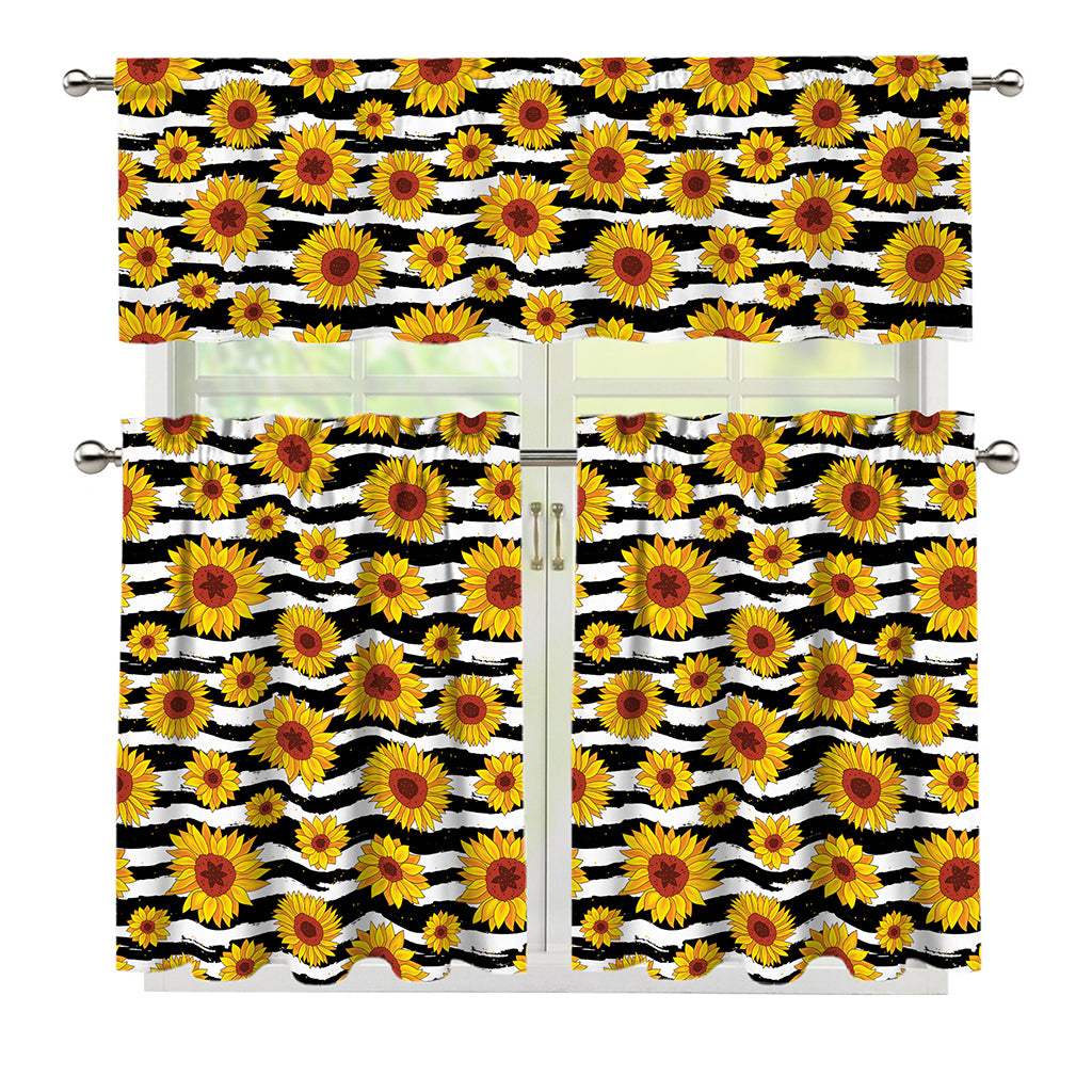 White And Black Stripe Sunflower Print 3 Piece Kitchen Curtains