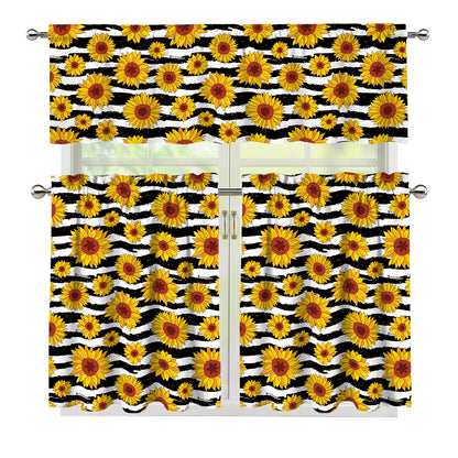 White And Black Stripe Sunflower Print 3 Piece Kitchen Curtains