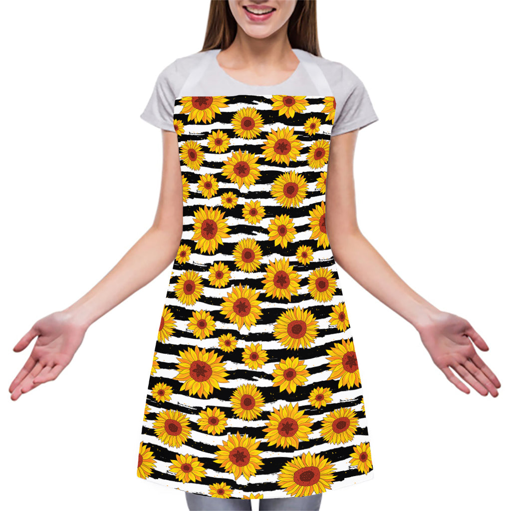 White And Black Stripe Sunflower Print Adjustable Apron
