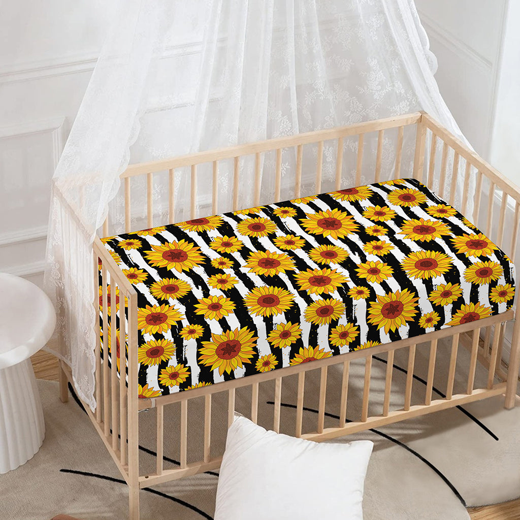 White And Black Stripe Sunflower Print Baby Crib Sheet