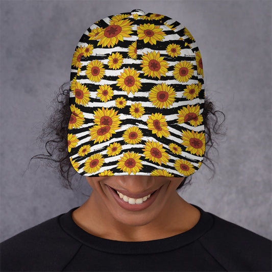 White And Black Stripe Sunflower Print Baseball Cap