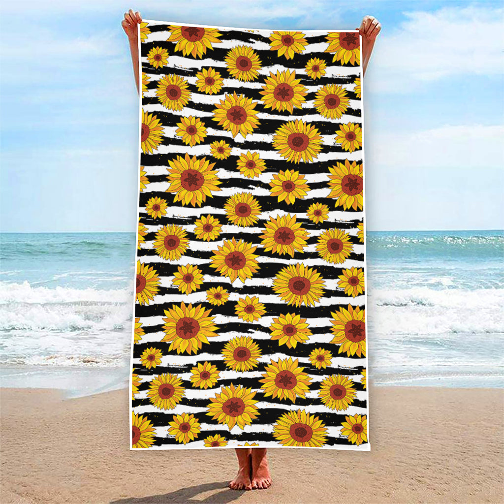 White And Black Stripe Sunflower Print Beach Towel