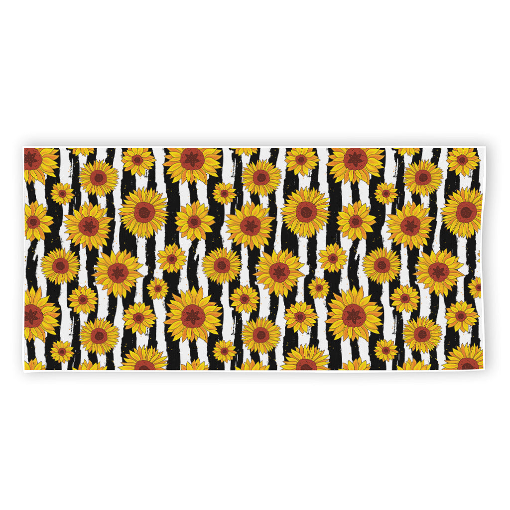 White And Black Stripe Sunflower Print Beach Towel