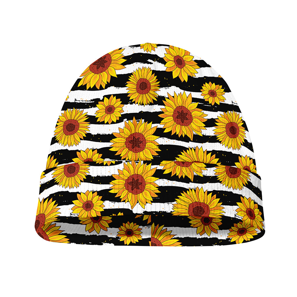 White And Black Stripe Sunflower Print Beanie