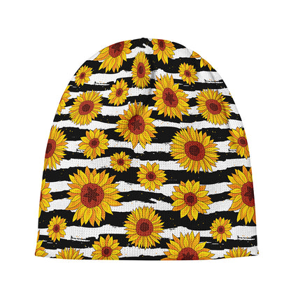 White And Black Stripe Sunflower Print Beanie