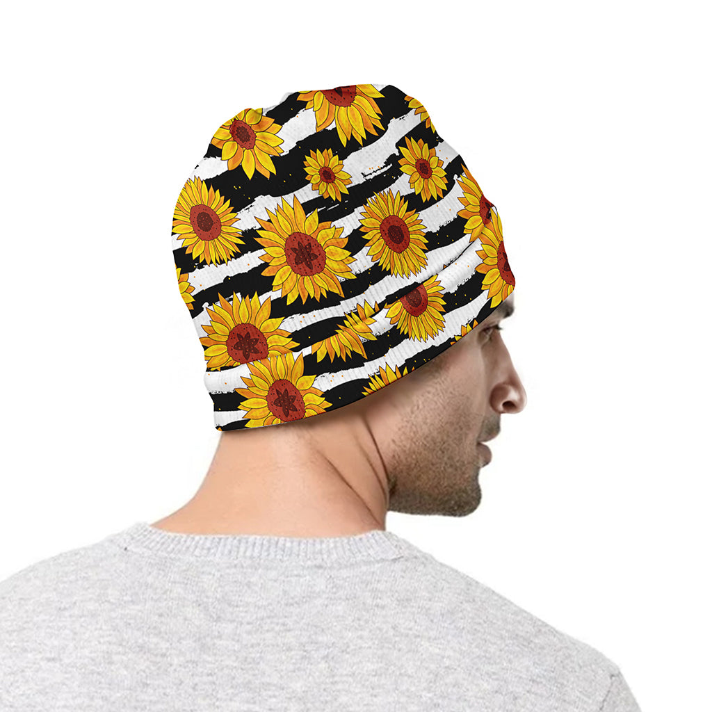 White And Black Stripe Sunflower Print Beanie