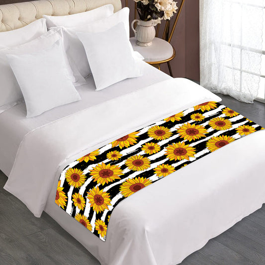 White And Black Stripe Sunflower Print Bed Runner