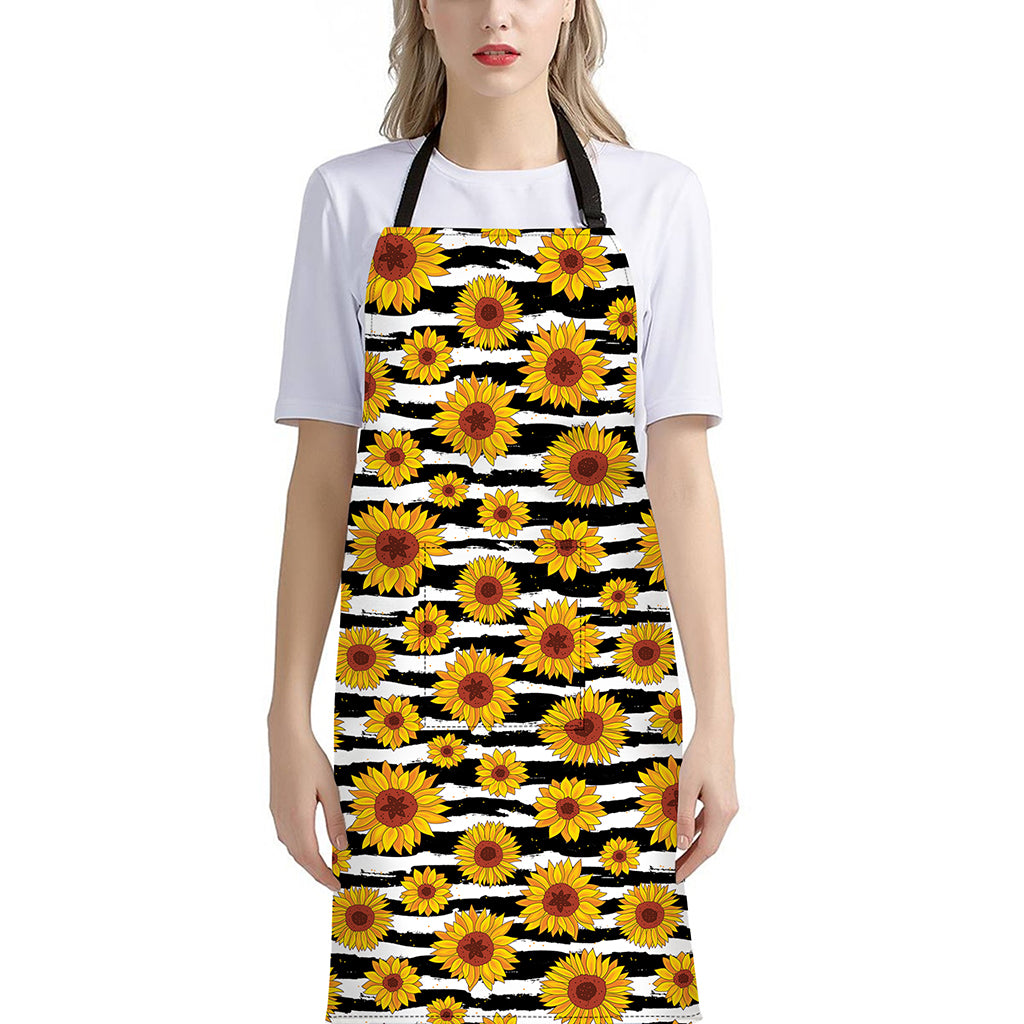 White And Black Stripe Sunflower Print Bib Apron With Pocket