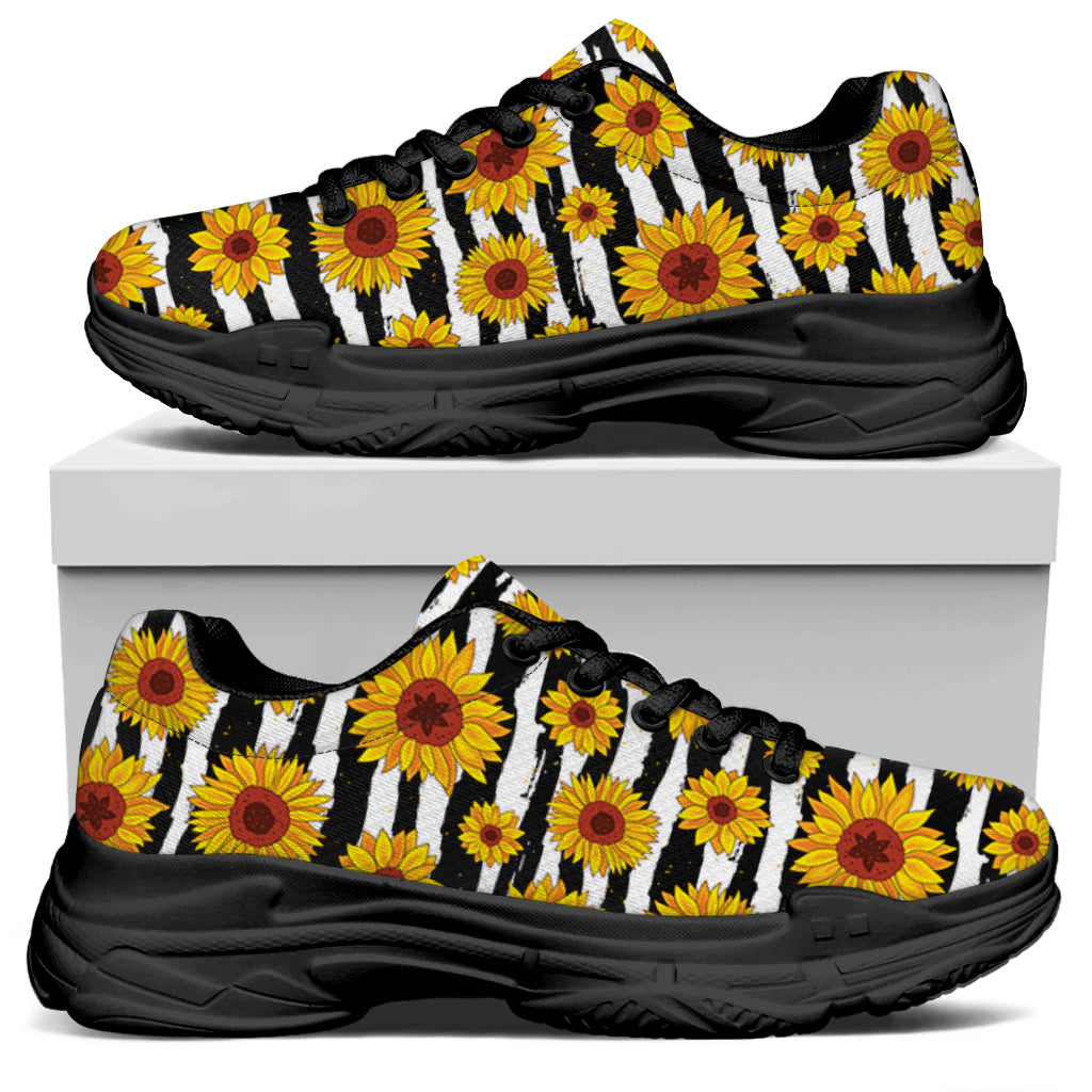 White And Black Stripe Sunflower Print Black Chunky Shoes