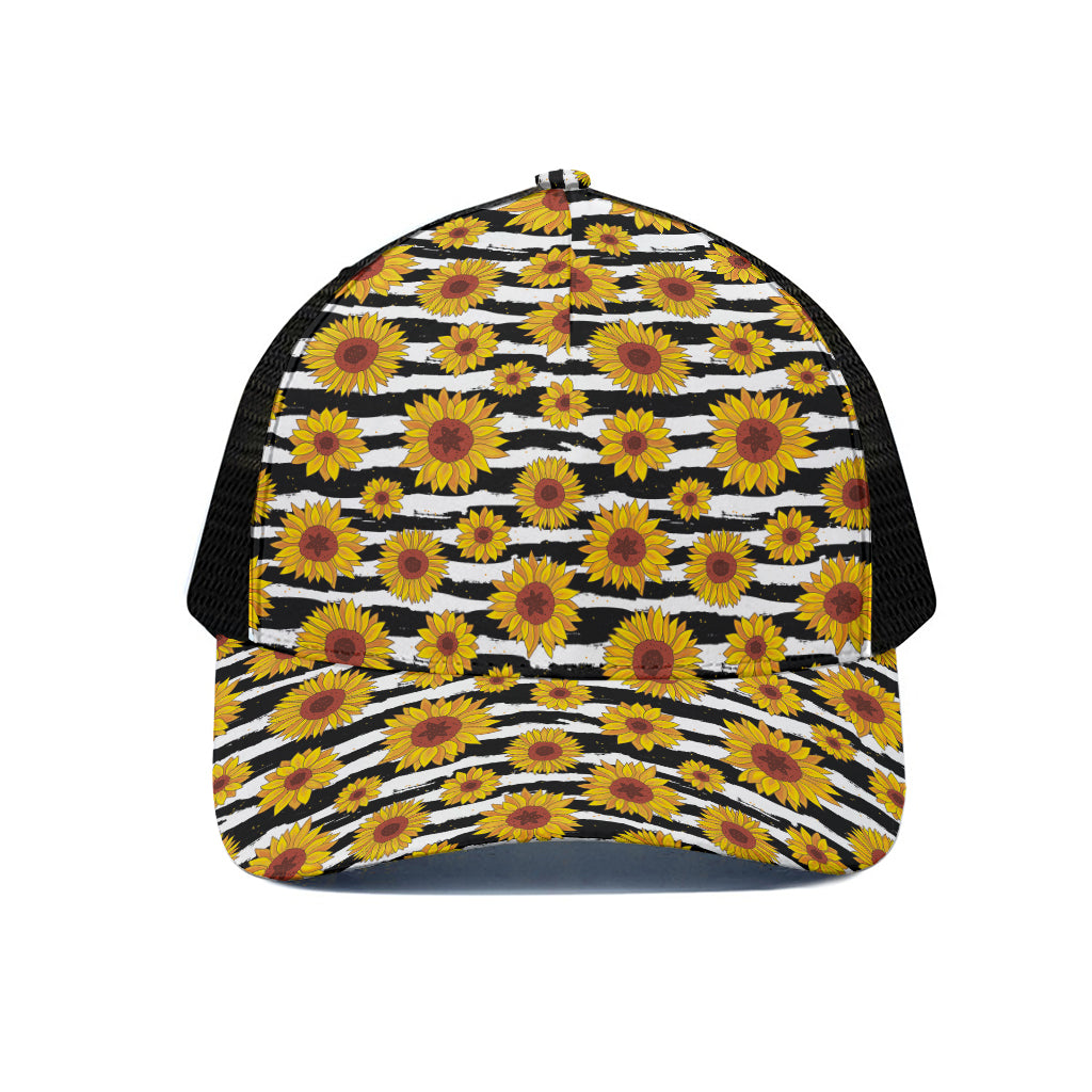White And Black Stripe Sunflower Print Black Mesh Trucker Cap