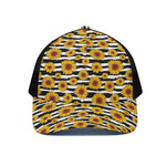 White And Black Stripe Sunflower Print Black Mesh Trucker Cap