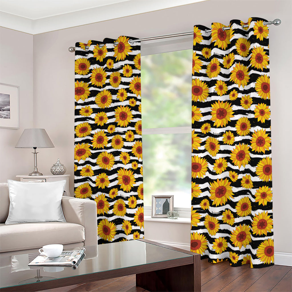 White And Black Stripe Sunflower Print Blackout Grommet Curtains