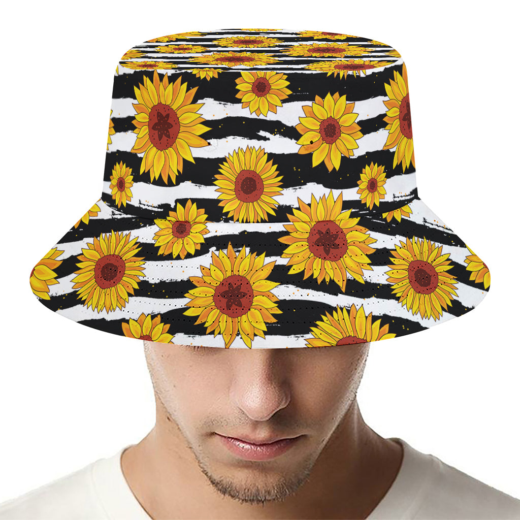 White And Black Stripe Sunflower Print Bucket Hat