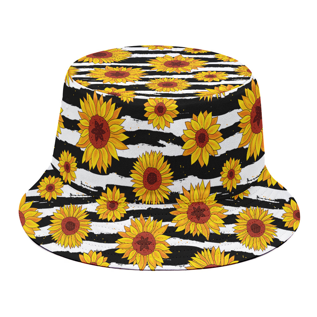 White And Black Stripe Sunflower Print Bucket Hat