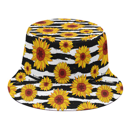 White And Black Stripe Sunflower Print Bucket Hat