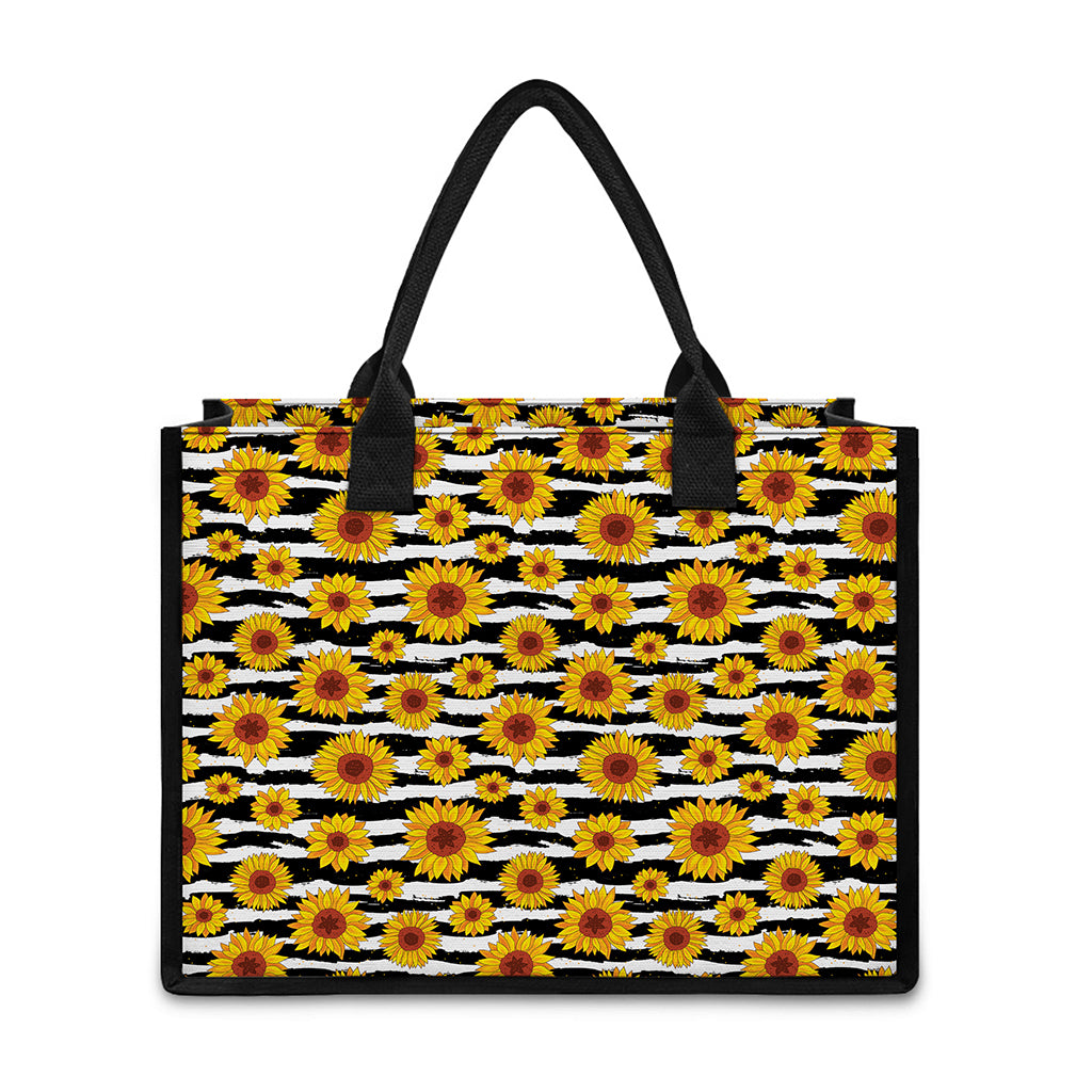 White And Black Stripe Sunflower Print Canvas Tote Bag