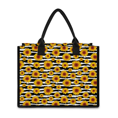 White And Black Stripe Sunflower Print Canvas Tote Bag