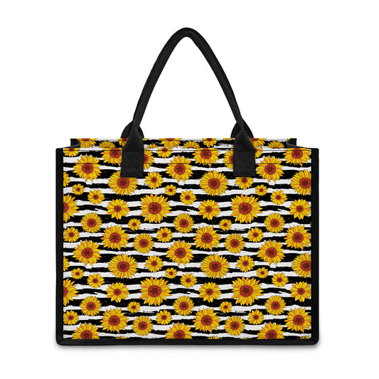 White And Black Stripe Sunflower Print Canvas Tote Bag