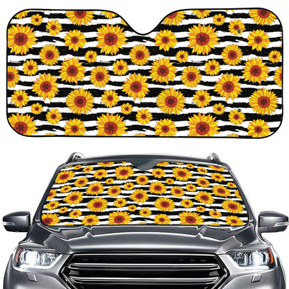 White And Black Stripe Sunflower Print Car Windshield Sun Shade