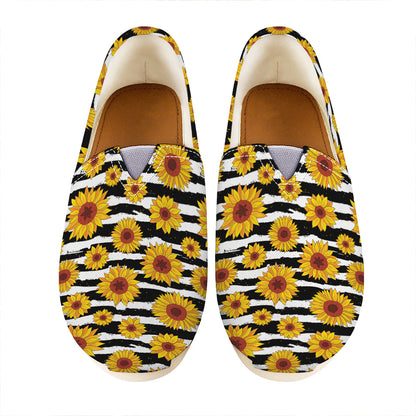White And Black Stripe Sunflower Print Casual Shoes