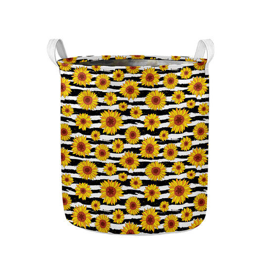 White And Black Stripe Sunflower Print Collapsible Laundry Basket