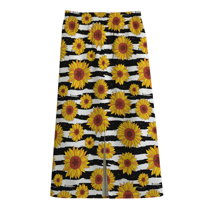 White And Black Stripe Sunflower Print Cotton Front Slit Maxi Skirt