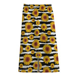 White And Black Stripe Sunflower Print Cotton Front Slit Maxi Skirt