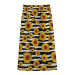 White And Black Stripe Sunflower Print Cotton Front Slit Maxi Skirt