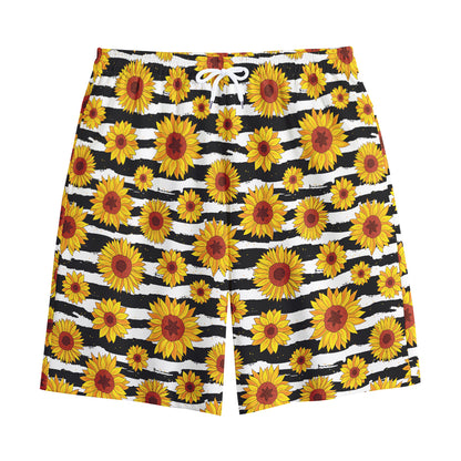 White And Black Stripe Sunflower Print Cotton Shorts