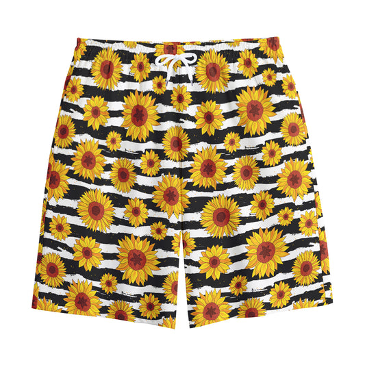 White And Black Stripe Sunflower Print Cotton Shorts