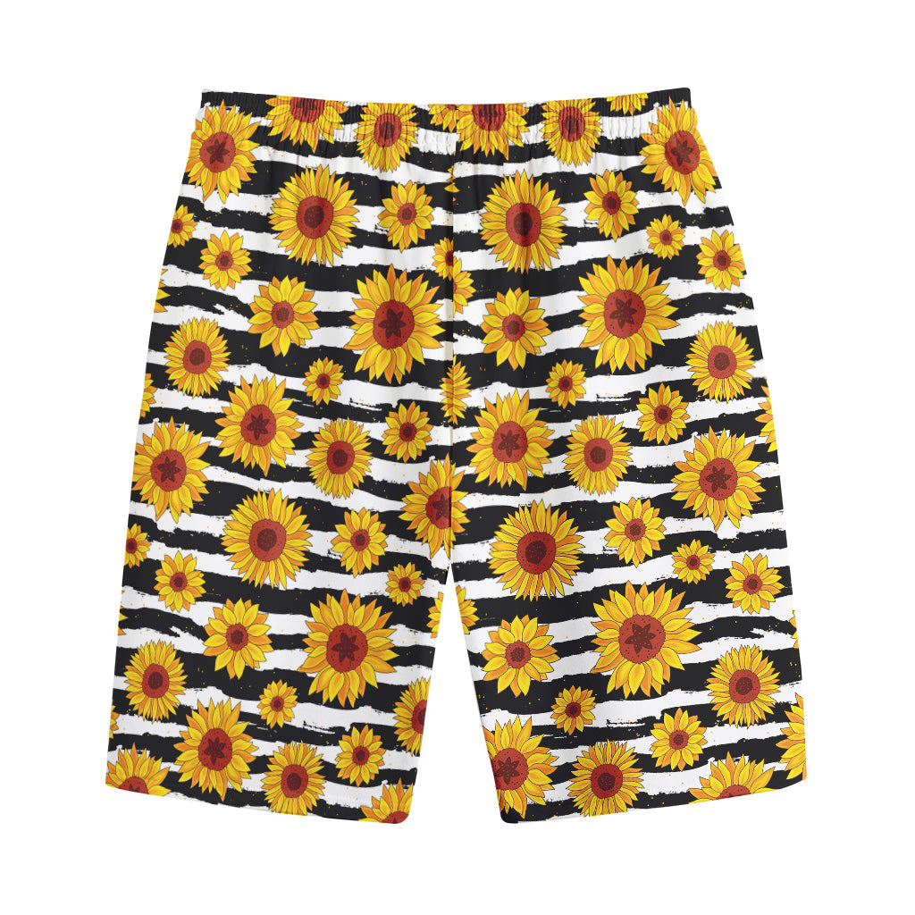 White And Black Stripe Sunflower Print Cotton Shorts