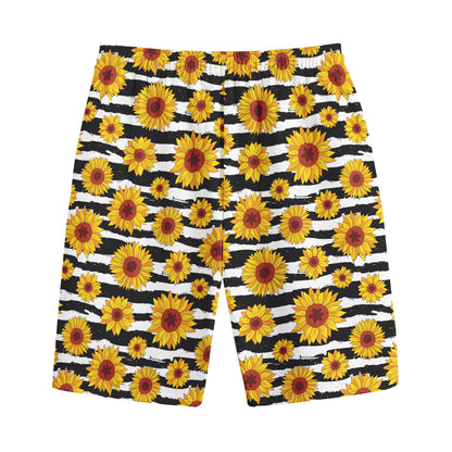 White And Black Stripe Sunflower Print Cotton Shorts