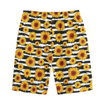 White And Black Stripe Sunflower Print Cotton Shorts