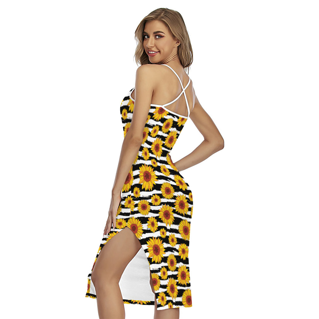 White And Black Stripe Sunflower Print Cross Back Cami Dress
