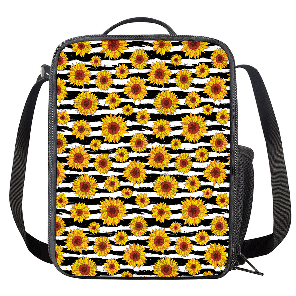 White And Black Stripe Sunflower Print Crossbody Lunch Bag