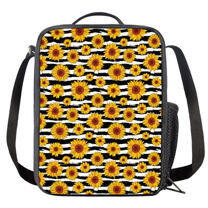 White And Black Stripe Sunflower Print Crossbody Lunch Bag