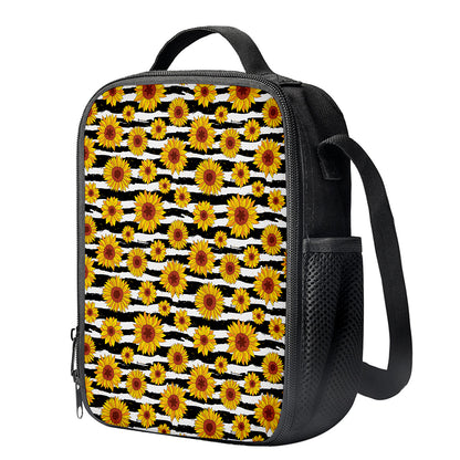 White And Black Stripe Sunflower Print Crossbody Lunch Bag