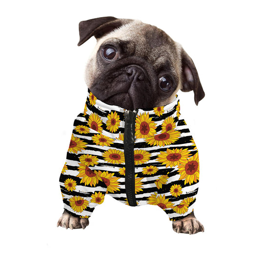 White And Black Stripe Sunflower Print Dog Zip Up Jacket