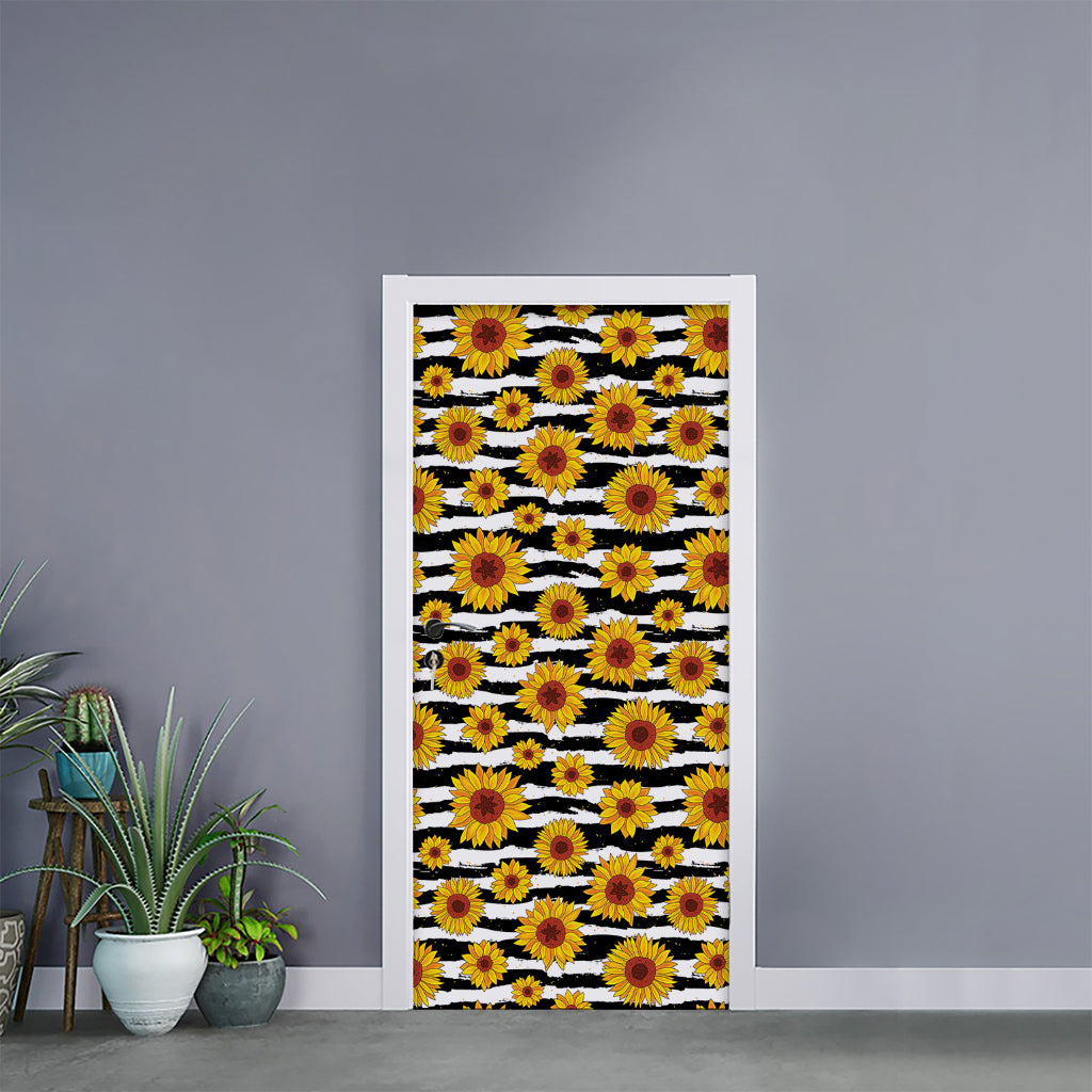 White And Black Stripe Sunflower Print Door Sticker