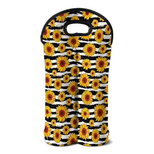 White And Black Stripe Sunflower Print Double Neoprene Wine Tote