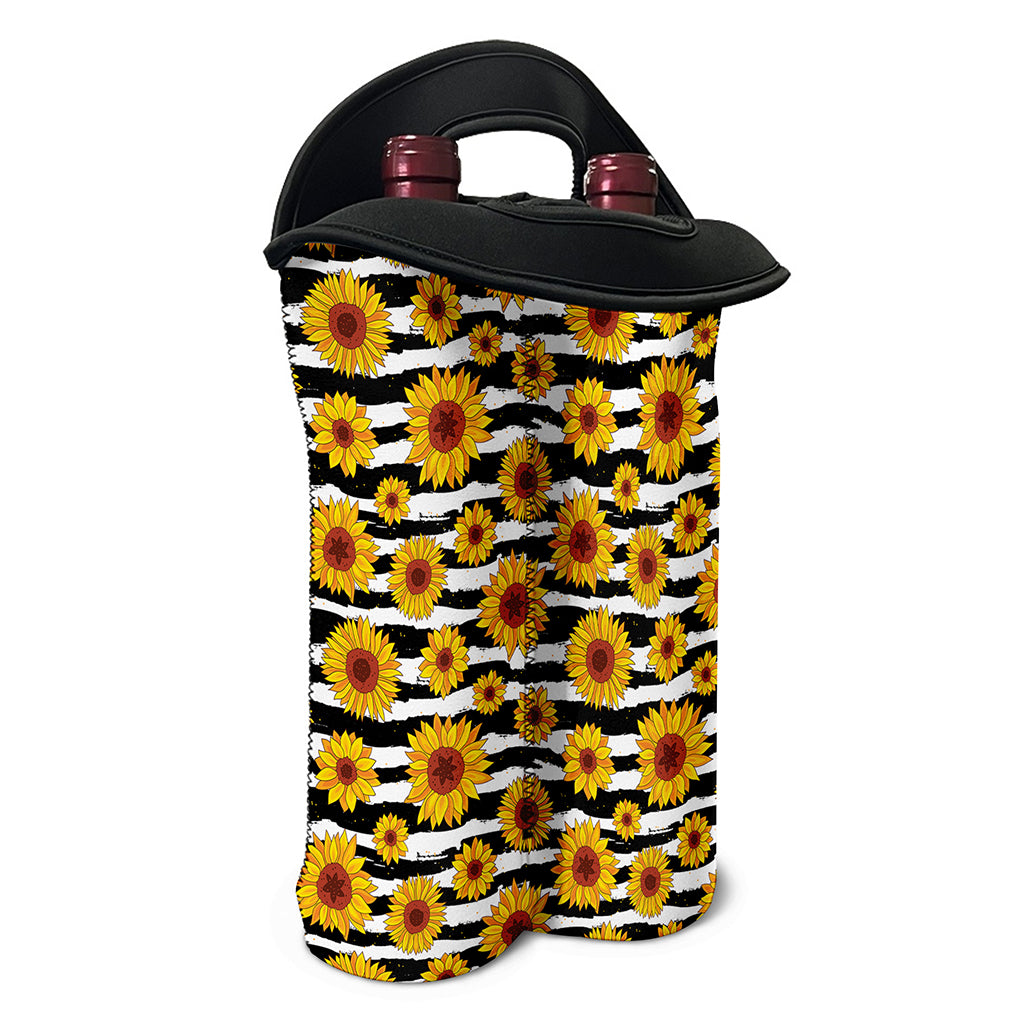 White And Black Stripe Sunflower Print Double Neoprene Wine Tote