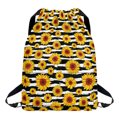 White And Black Stripe Sunflower Print Drawstring Backpack