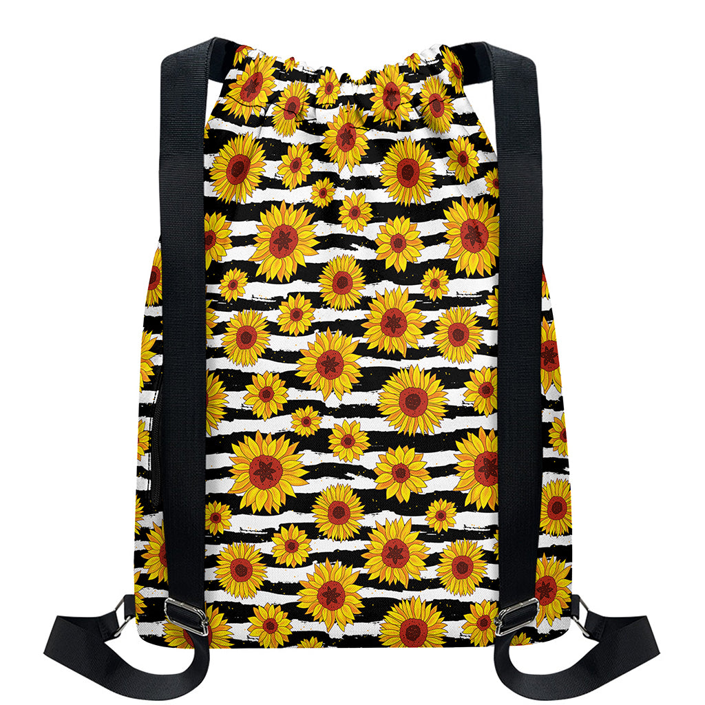 White And Black Stripe Sunflower Print Drawstring Backpack