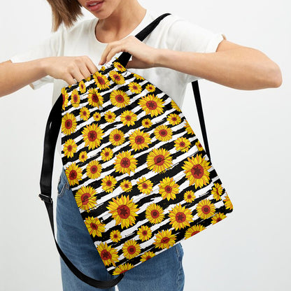 White And Black Stripe Sunflower Print Drawstring Backpack