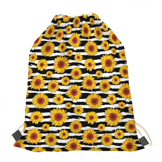 White And Black Stripe Sunflower Print Drawstring Bag