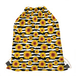 White And Black Stripe Sunflower Print Drawstring Bag