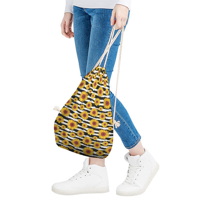 White And Black Stripe Sunflower Print Drawstring Bag