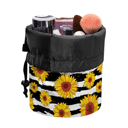 White And Black Stripe Sunflower Print Drawstring Makeup Bag