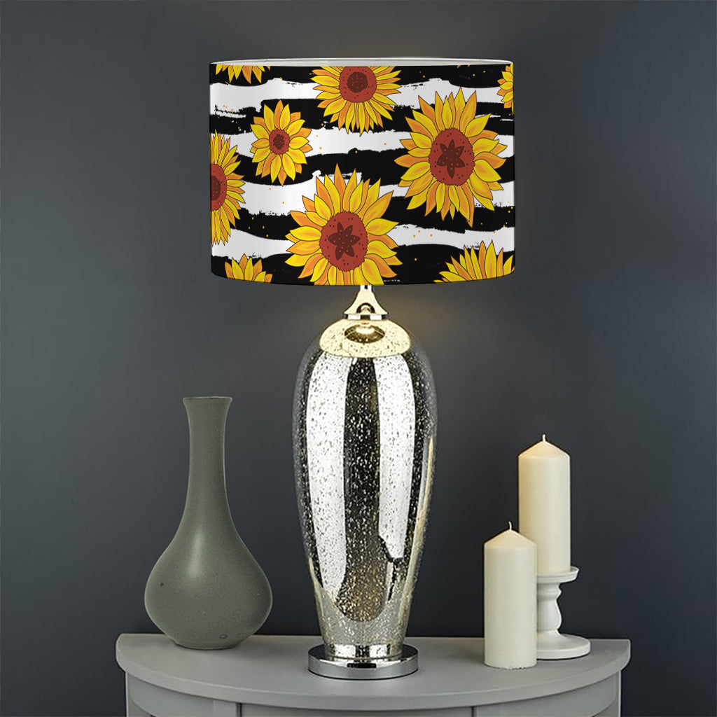White And Black Stripe Sunflower Print Drum Lamp Shade