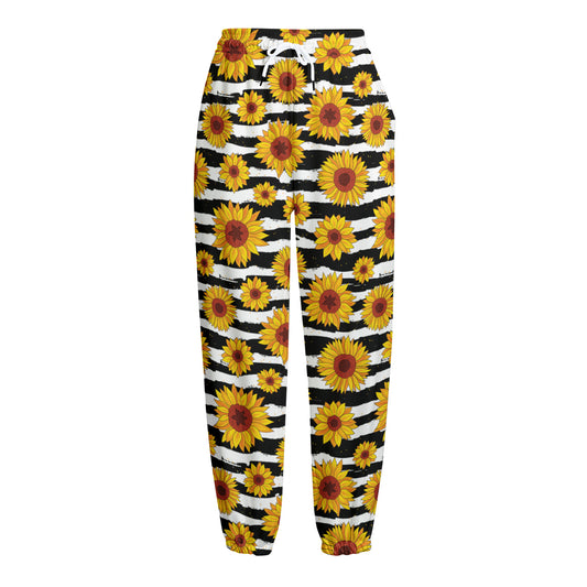White And Black Stripe Sunflower Print Fleece Lined Knit Pants